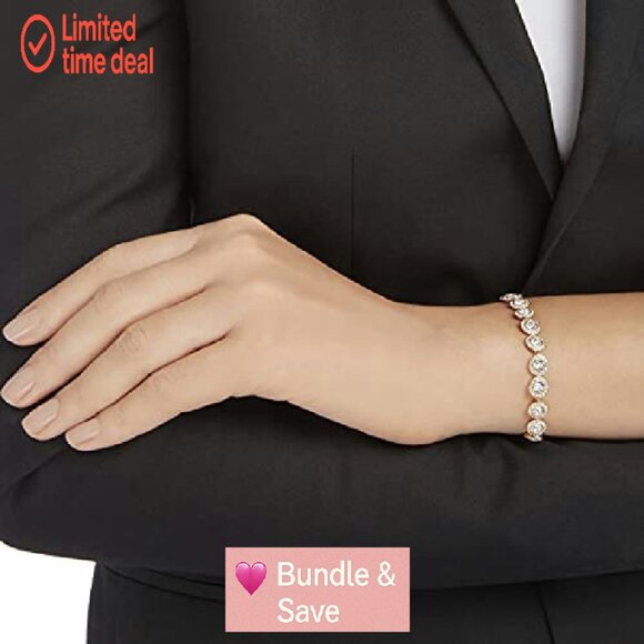 Crystal Tennis Bracelet, 6 3/8 Inches, Rose Gold Tone, White Stones - Picture 6 of 8